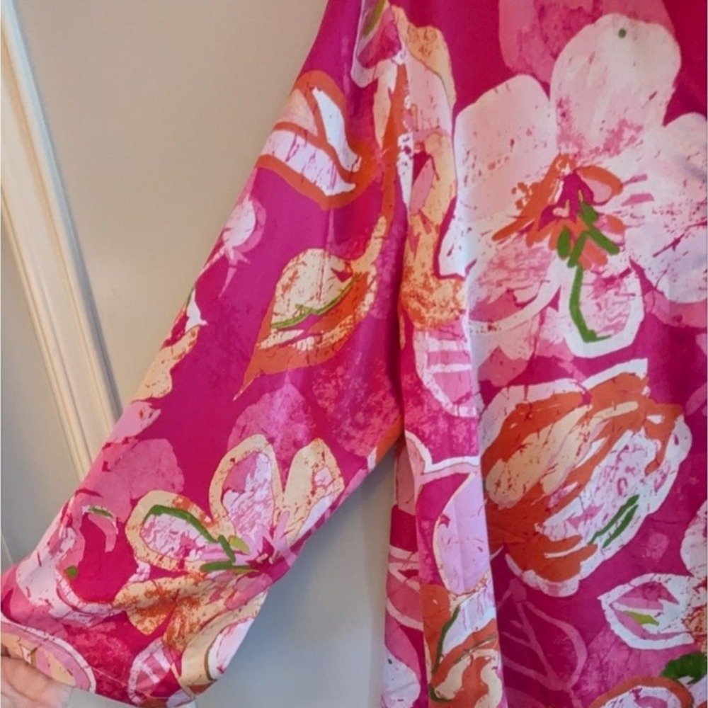 Natori Floral Boho Coastal Elegant V-Neck Blouse Pink Orange Watercolor Bloom - Picture 9 of 16